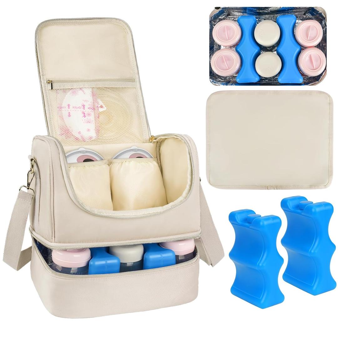 Wearable Pump Bag with Cooler Compartment Fits for Willow/Eufy/Elvie/Momcozy M5/S12 Pro/Medela, Breast Milk Travel Tote Bag with Ice Pack & Waterproof Mat,Apricot