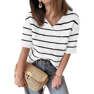 Saodimallsu Womens Summer Short Sleeve Sweater Tops Striped V Neck T Shirts Casual Loose Fit 2025 Trendy Knit Top (White)