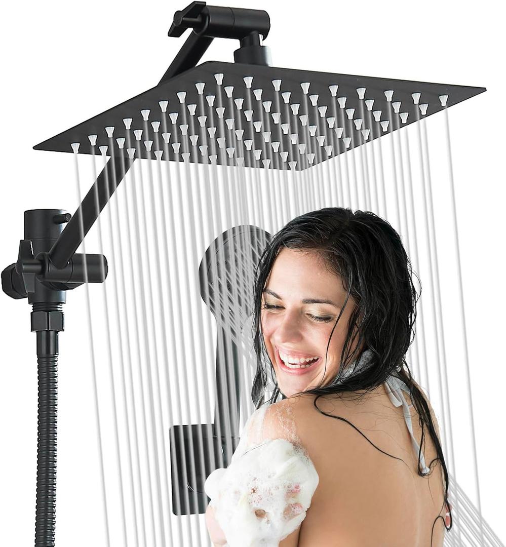 8 inch Rainfall Shower Head Stainless Steel Black, Wide Rain Shower Head with 5 Modes Handheld Water Spray,High Pressure Showerhead with Arm for Bathroom Accessories