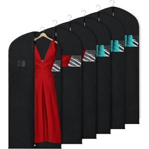 KEEGH Garment Bags for Hanging Clothes 60" (Set of 6) Dress Bags for Gowns Long Dress Bags for Closet Storage with Zipper and Eye-Hole for Folding for Suit Coats Dresses, Black