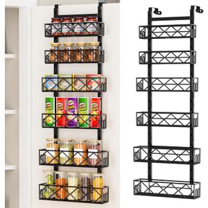 Over the Door Pantry Organizer 6-Tier Adjustable Baskets Hanging Spice Door Rack Narrow - 13.1" W x 52.3" H Behind the Door Storage for Kitchen, Bathroom, and Closet Organization - Black