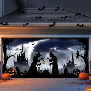Brightown Halloween Garage Door Cover 7 x 16 FT Decorations, with Magnetic Hook and Ropes for Easy Installation, Large Banner Backdrop for 2-Car Garage Door Party Wall Door Gate (Black)