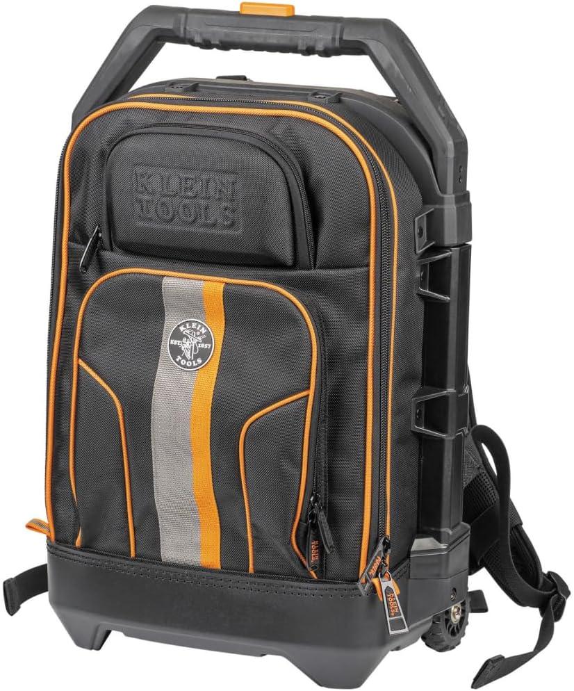 Klein Tools 55604 Rolling Tool Backpack, Tool Bag with 28 Pockets, Heavy Duty Retractable Handle, Large Storage Interior, 3-Inch Wheels , 
Black/Orange