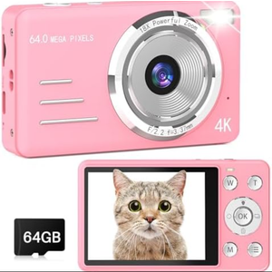 Digital Camera, 4K 64MP UHD 18X Autofocus Digital Zoom with 64GB Micro SD Card 2.8 Inch IPS Screen, Portable Compact Point and Shoot Vlogging Camera for Photography Teens Beginner Adult, Pink