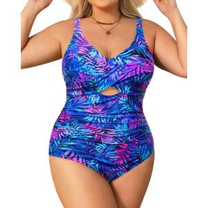 Daci Blue Leaves Plus Size One Piece Swimsuits - Tummy Control Bathing Suit for Women Cutout Swimwear 16W