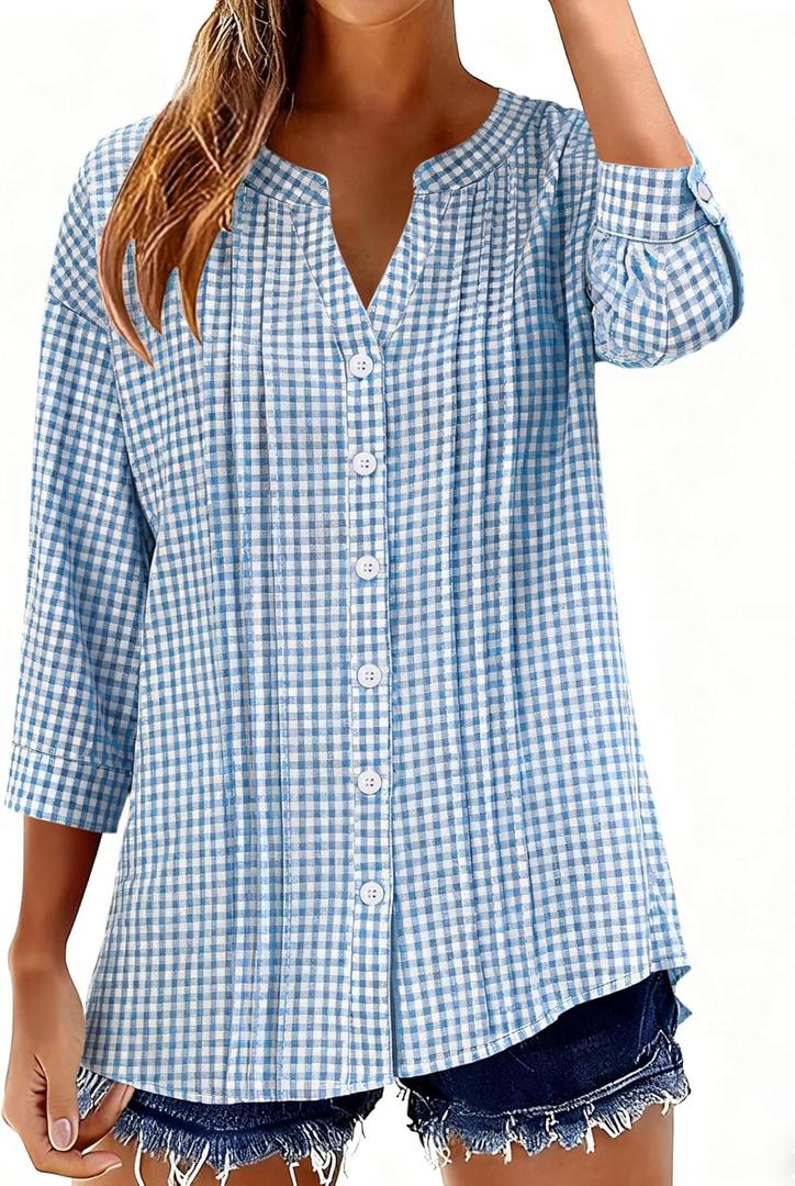 Micoson Womens 3/4 Sleeve Tops Cotton Linen Button Down Shirts V Neck Pleated Casual Loose Blouses Roll Up Sleeve Shirt (Small, 3-blue Plaid)