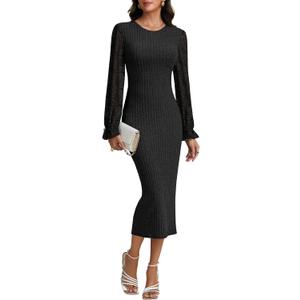 LYANER Women's Elegant Contrast Lace Long Sleeve Ribbed Knit Slit Slim Midi Bodycon Dress (Large, Black)
