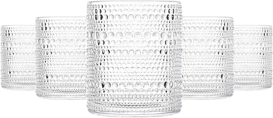 Glassware Set of 6, 13 OZ/390ml Hobnail Kitchen Glassware, Embossed Vintage Glass for Water, Cocktail, Soda, Beverage, Juice