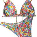 BEAUDRM Women's 2 Piece Gingham Bikini Set Cute Triangle Thong Bikini Halter String Bathing Suit High Cut Cheeky Swimsuit, Size Small