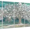 Yihui Arts Tree Of Life Metal Wall Art Handcrafted Aluminum Artwork Teal and Silver Abstract Nature Pictures in 5 Pieces for Living Room Bedroom Bathroom Decor (32x64IN)