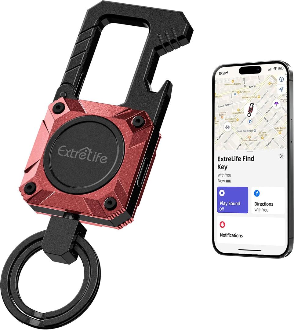 Keychain, Works with Apple Find My, Heavy Duty Key Chain Bottle Opener, Carabiner Car Key Chains with GPS Tracker, Key Finder, Bluetooth Tracker for Luggage, Kids, Bags and More, Rechargeable, Red