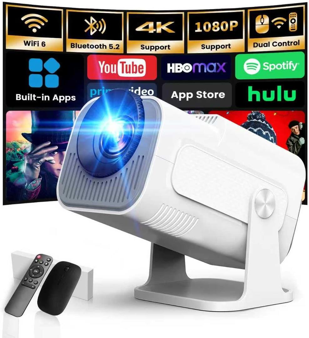 [Smart Projector & Built-in Apps] Mini Projector Support 4K 1080P FHD Portable Projector with WiFi and Bluetooth 180 Rotatable Auto Keystone, Compatibile with HDMI/TV Stick/Memory Stick/Laptop, White