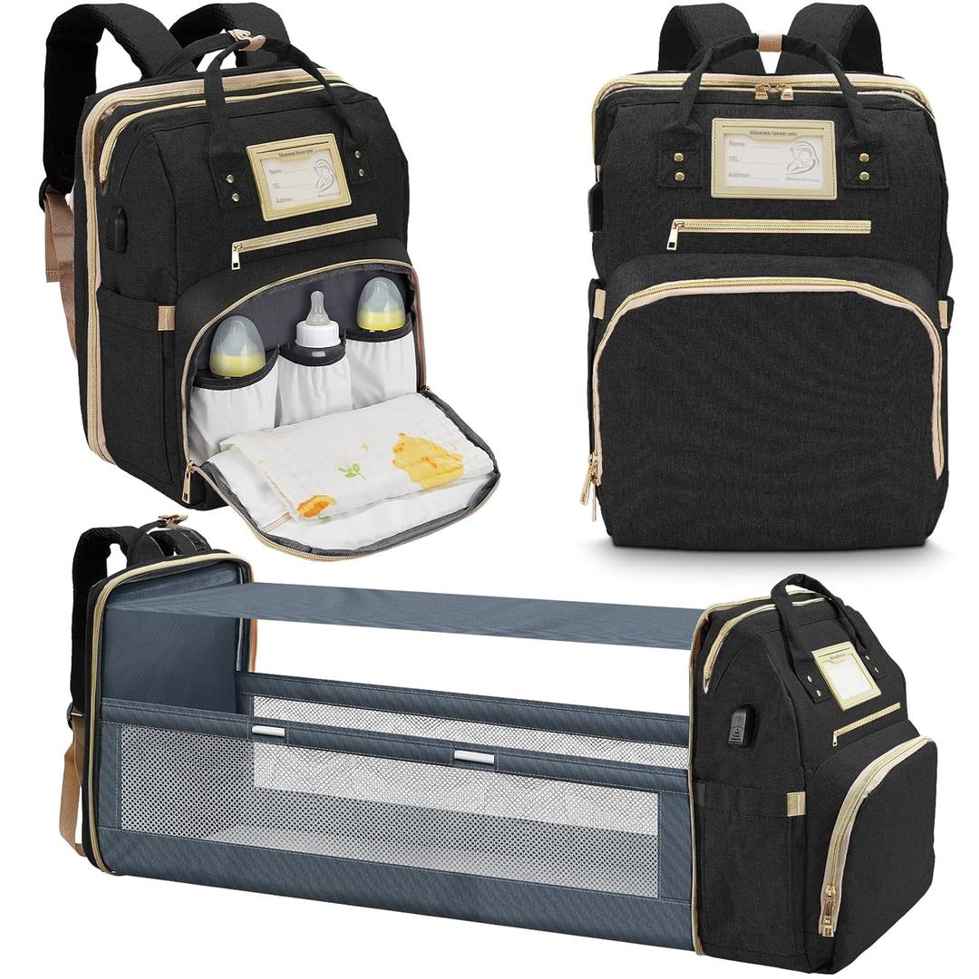 6 in 1 Diaper Bag Backpack with Pad Shower Gifts Travel Bags for Registry Search Boys Girls Bags Newborn Essentials Accessories Stuff Unisex Dad Mom Mens (Black)