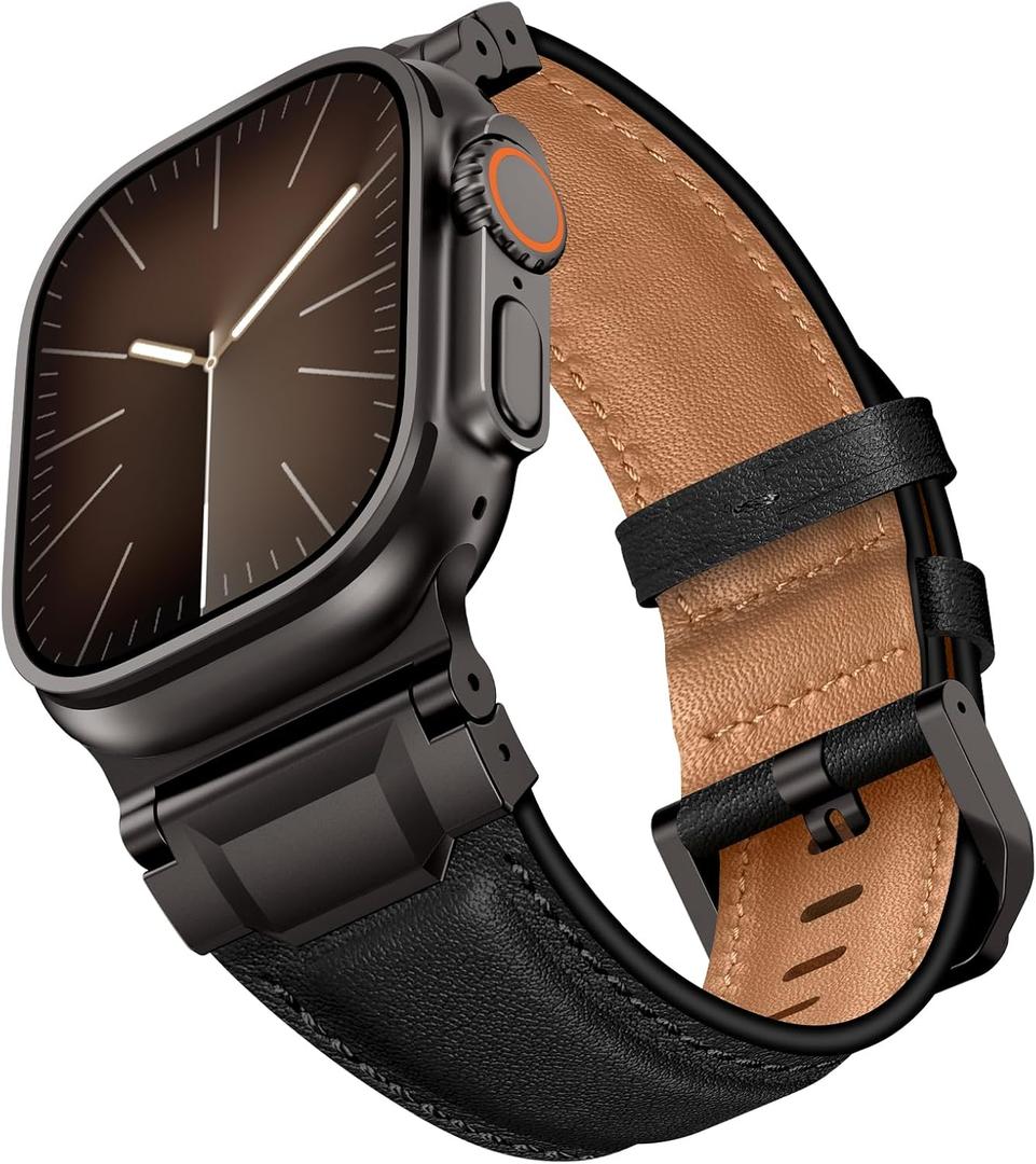 Leather Bands Compatible with Apple Watch Ultra 3/2/1 Band 49mm 46mm 45mm 44mm 42mm Men, Genuine Leather Metal Connector Strap for iWatch Ultra Series 11/10/9/8/7/SE/6/5/4/3/2/1, Black/Black