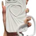 Compatible with iPhone 15 Pro Max Cute Case, White 3D Pleated Love Heart Phone Case with Heart Bracelet Chain, Soft Shockproof TPU Protective Cover for Women Girls, Kids (White, For iPhone 15 Pro Max)