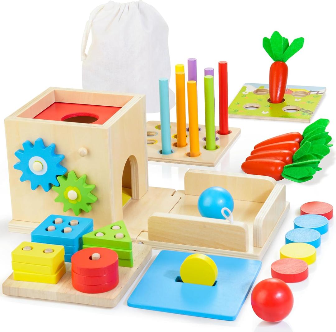 JUSTWOOD Montessori Toys for 1+ Year Old, 8-in-1 Wooden Play Kit Includes Object Permanent Box, Learning Activity Cube, Sorting & Stacking Toy, Carrot Harvest Game, Gift for Boys Girls Age 12+ Months JUSTWOOD Montessori Toys for 1+ Year Old, 8-in-1 Wooden Play Kit Includes Object Permanent Box, Learning Activity Cube, Sorting & Stacking Toy, Carrot Harvest Game, Gift for Boys Girls Age 12+ Months