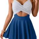B2prity Women Cutout One Piece Skirt Swimsuit V Neck Wrap Tie Back Swimdress Tummy Control Bathing Suits Slimming Swimwear (Blue) XL