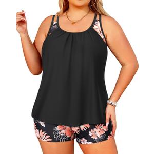 Tempt Me Women Plus Size Tankini Swimsuits - Two Piece Tummy Control Bathing Suits with Shorts 2025 Swimwear (Black Floral)