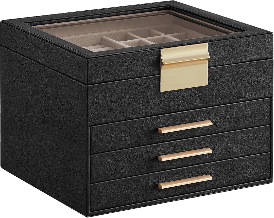 SONGMICS GISELLA Collection - Jewelry Box Organizer, 4-Layer Jewelry Storage with 3 Drawers, Shiny Metal Hardware, Glass Lid, Modern, 8 x 9.1 x 6.5 Inches, Ink Black and Gold Color UJBC173B01