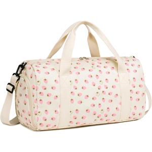 BLUBOON Duffle Bag Girls Kids Cute Gym Bag with Shoes Compartment & Wet Separation Waterproof Sports Overnight Travel Bag (Strawberry Corduroy Beige), 18.1L x 8.7W x 9.1H
