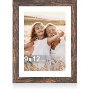 Hongkee 9x12 Picture Frame with Glass, Display Pictures 7x10 with Mat or 9 x 12 without Mat - Wall and Tabletop, 9 by 12 Photo Wooden Frames (Rustic Brown, 1 Pack)