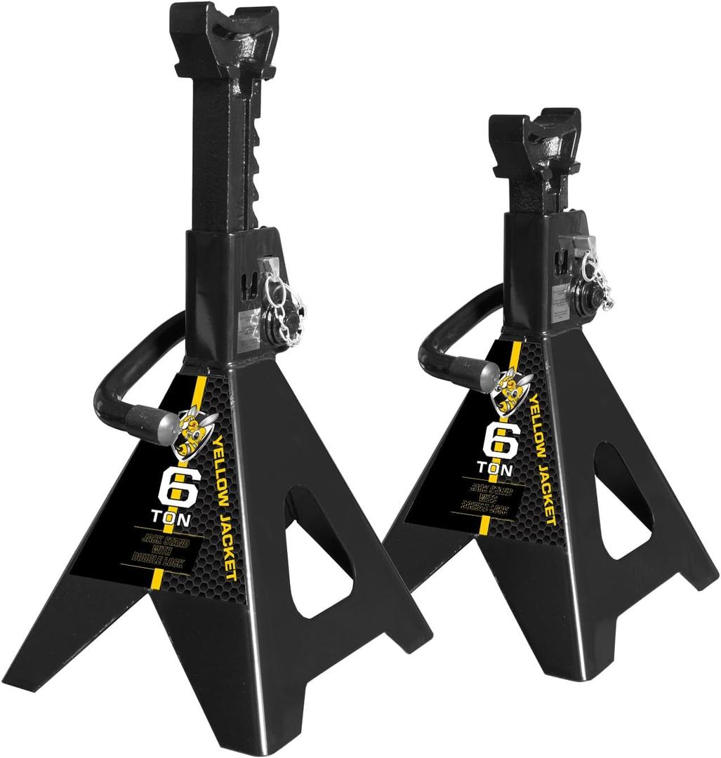 YELLOW JACKET Jack Stands 6 Ton with Double Locking for Lifting Car SUVS, Heavy Duty Steel, 13000 lb Capacity, 1 Pair, Black (6 ton double locking)
