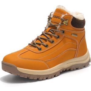 SKDOIUL Men's Winter Snow Boots Leather Ankle Walking Shoes with Warm Fur (12, Light Brown)