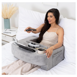 Reading Pillow for Gaming – Extra Large Lap Desk & Arm Rest with Cup & Phone Holder, Adjustable Heights, Laptop Support, Large Pockets – Comfortable for Work, Gaming & Crocheting (Furry Grey)