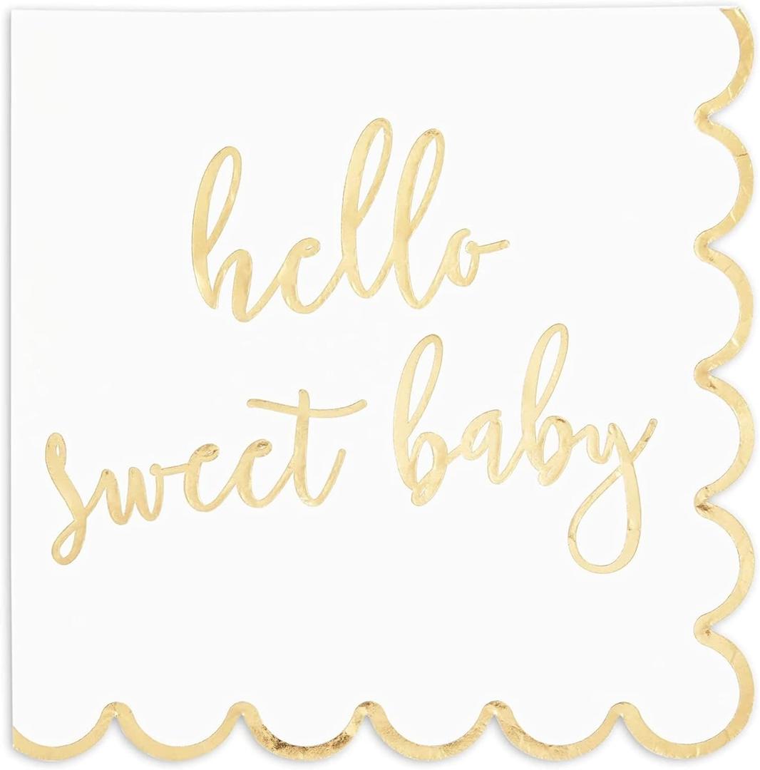 50 Pack Scalloped Hello Sweet Baby Napkins for Baby Shower Decorations (6.3 In)