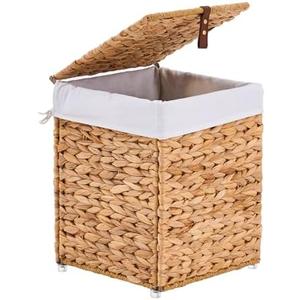 LGENHOOM Mini Handwoven Laundry Basket with Lid, Natural Water Hyacinth Storage Basket with Handle, Removable Cotton Liner, Durable and Stylish for Bedroom, Bathroom, Laundry Room