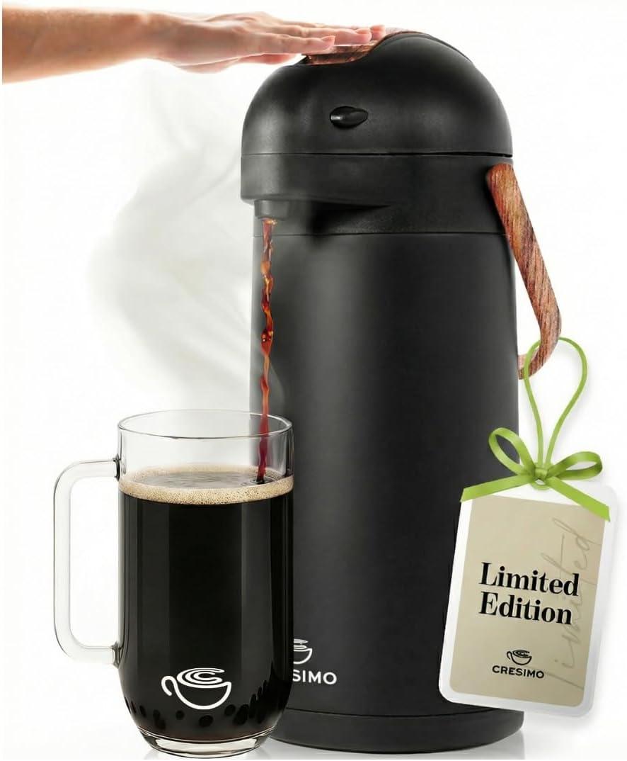 Thermal Coffee Carafe 102Oz w/Wood Trim, Keeps Coffee Hot for 12Hrs & Cold for 36Hrs-Premium Stainless Steel Carafe for Hot Liquids, Easy One-Handed Dispensing for Office, Home, Party, Durable Airpot