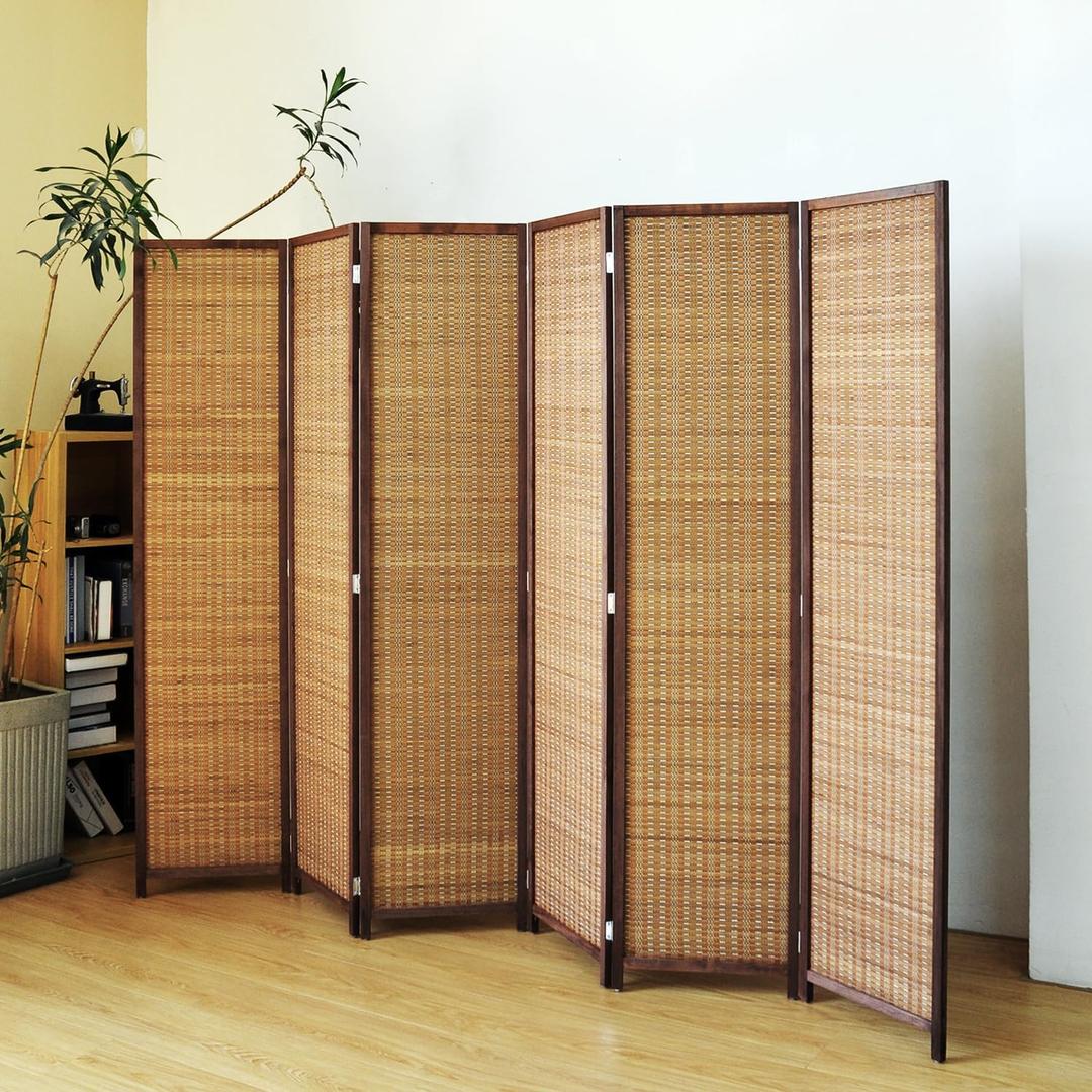 6 Panel Bamboo Room Divider Screen,5.6 FT Tall Bamboo Divider Folding Panel Screen,Freestanding Panel Divider for Room Seperation,Brown