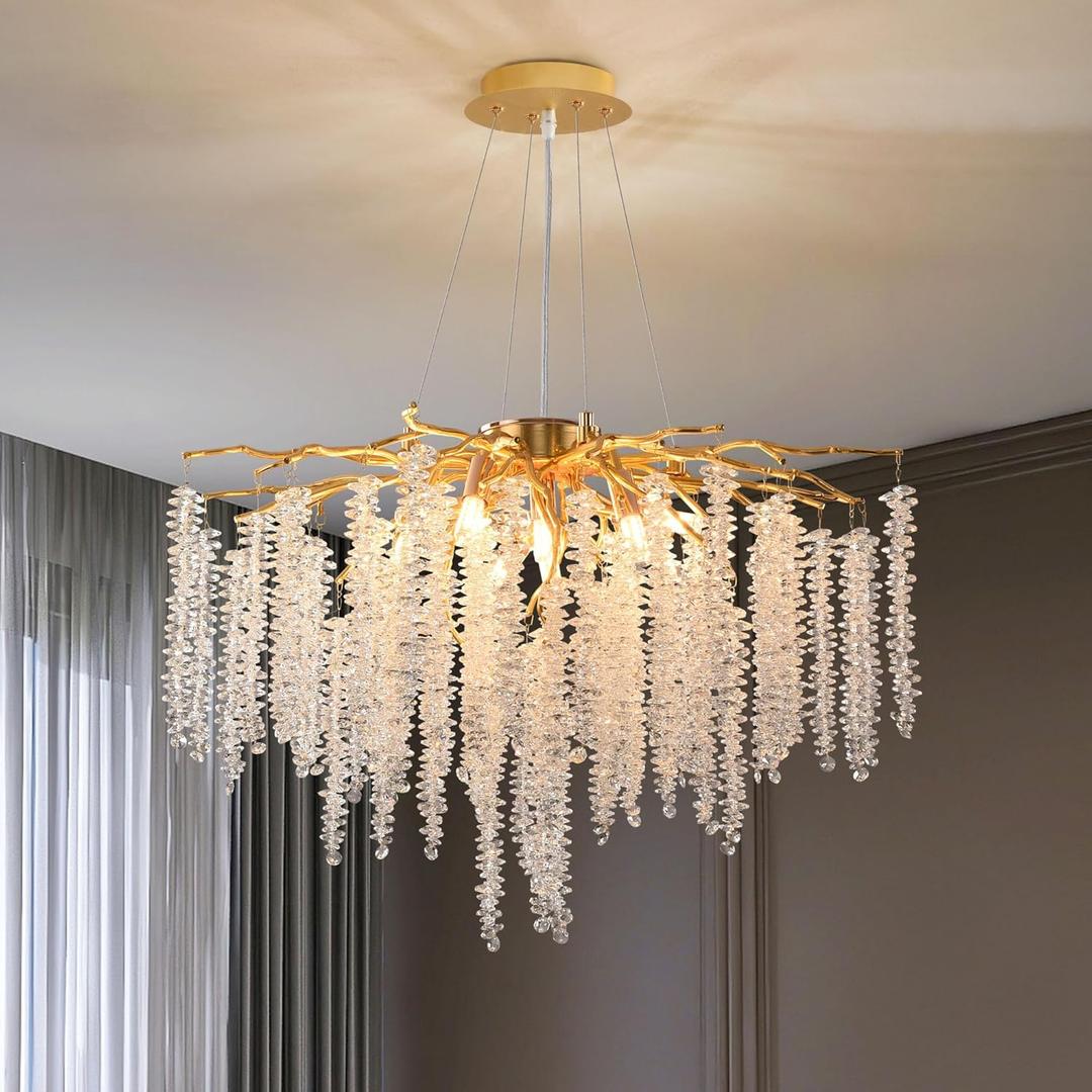 Modern Crystal Tree Branch Chandelier, D23.7'' Gold Round Raindrop Indoor Hanging Pendant Light Fixture for Dining Room Living Room Bedroom 8 Lights