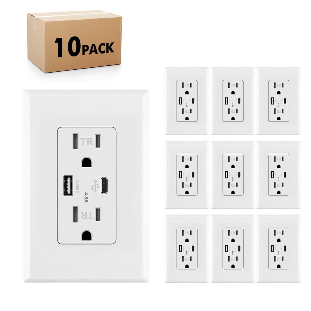 Micmi USB Outlet with C + A Wall Dual High Speed Receptacle Smart 4.8A Fast Charging Capability,15Amp 125Volt, Tamper Resistant Wall Plate Included (10Pack, White, 15 Amp Outlet)