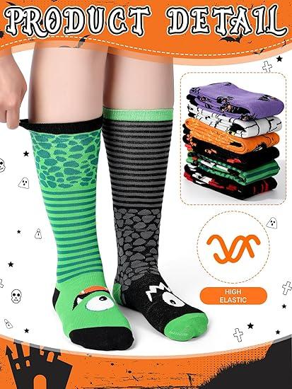 Patelai 4 Pairs Halloween Socks for Kids Fun Novelty Design Horror Halloween Knee High Socks for Child Boys Girls