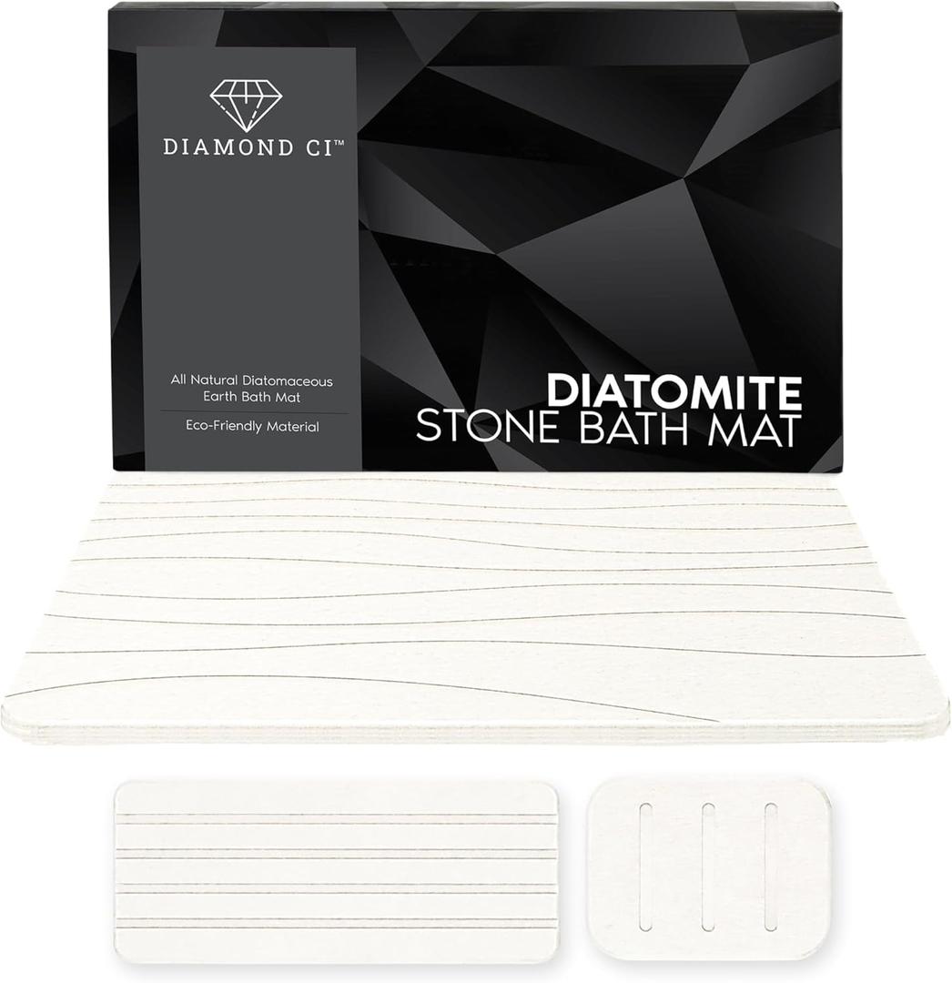 Diatomite Stone Bath Mat, 23.5 x 15 Inches Mat, Set of 3 Drying Stone Bath Mats for Bathroom & Kitchen Counter Dish Drying Mat, Super Absorbing & Non-Slip Stone Shower Mat, White