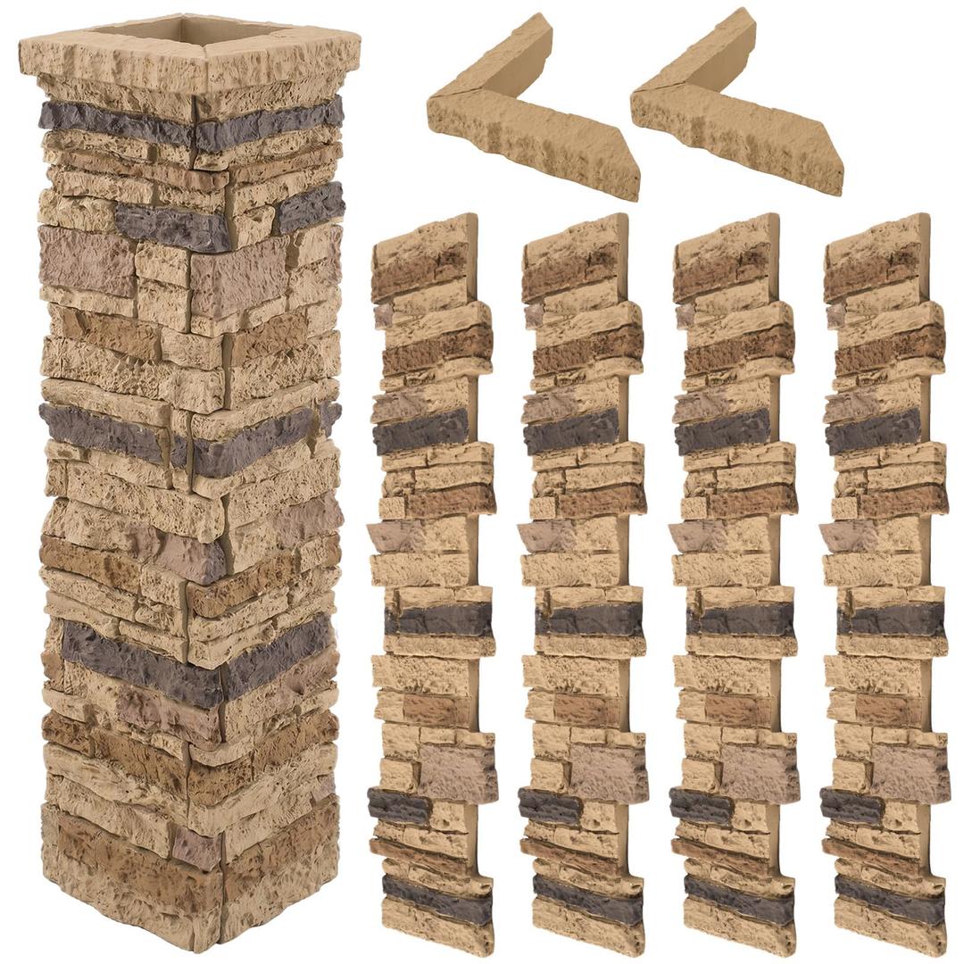Maasechs 4 Piece 36'' x 6'' Stone Column Wrap with 2 Pieces 9'' x 6'' x 2'' Post Caps Faux Stone Column Wrap (Brown)