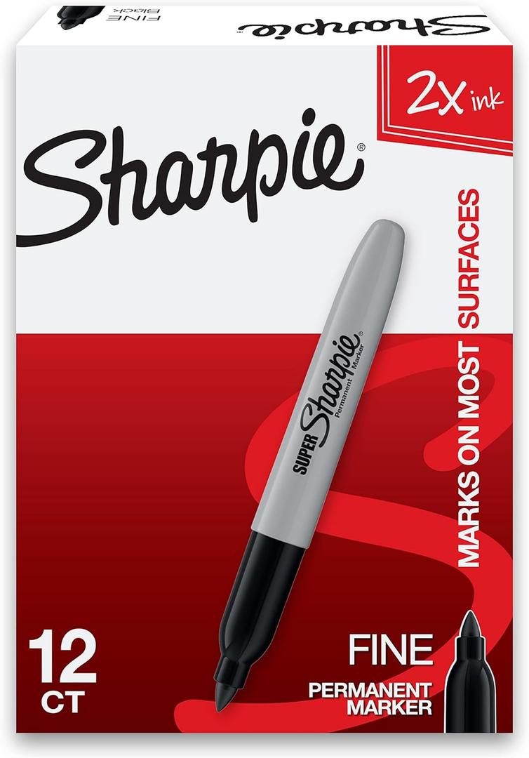Sharpie Super Permanent Markers, Fine Point, Black, 12 Count - Quick Drying, For Classroom, Poster Boards, Office, Home, Teacher Supplies