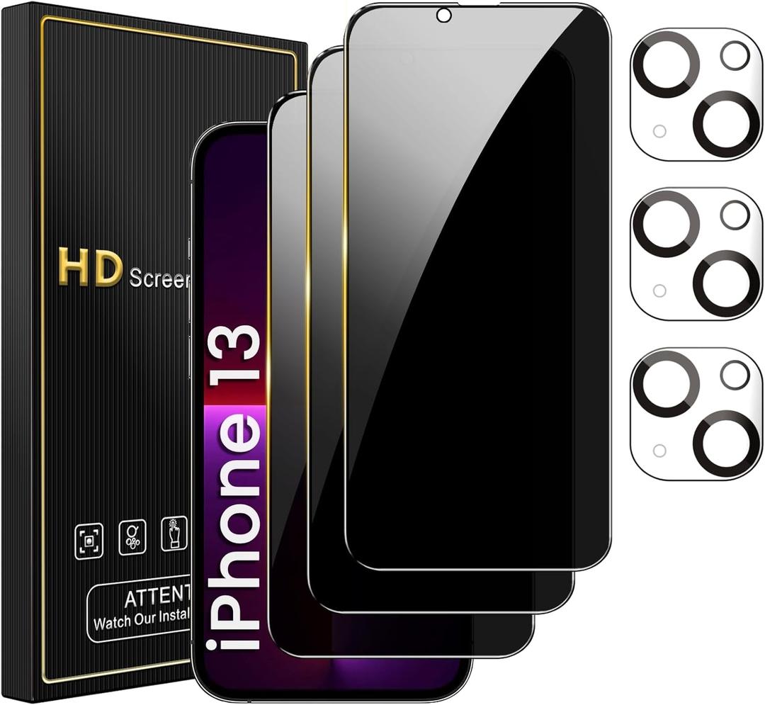 3 Pack Privacy Screen Protector for iPhone 13 6.1 Inch with 3 Pack Camera Lens Protector, Anti Spy Tempered Glass Film, Anti-Scratch, Touch Sensitive, Case Friendly