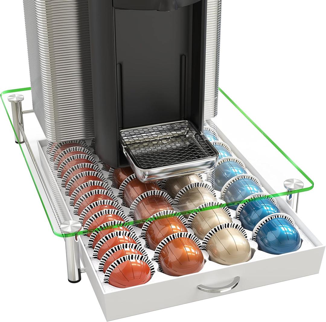 DecoBrothers Crystal Tempered Glass Vertuo Pod Holder Drawer, 28 Large or 56 Small Nespresso Capsule Organizer, White (56 pcs Capacity)