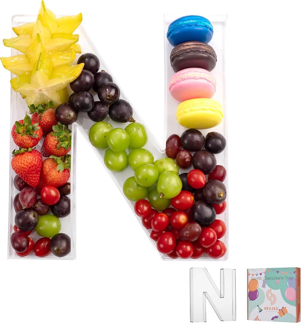 11" Clear Acrylic Letter & Number Charcuterie Tray-Reusable Fillable Alphabet Box for Displaying Candy,Cake,Snacks Party Dessert Serving Plate for Birthday, Wedding Anniversaries, Baby Shower (N)