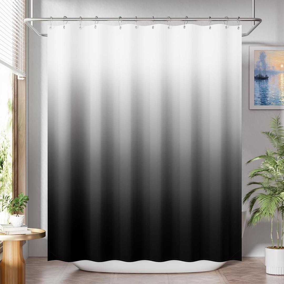 AmazerBath Long Shower Curtain, 72x78 Ombre Black Fabric Shower Curtain Set with 12 Shower Curtain Hooks, Farmhouse Cloth Black and White Shower Curtain, Washable Bathroom Shower Curtain Sets