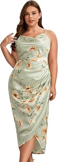 Floerns Women's Plus Size Satin Spaghetti Strap Cowl Neck Wrap Party Cami Dress XL
