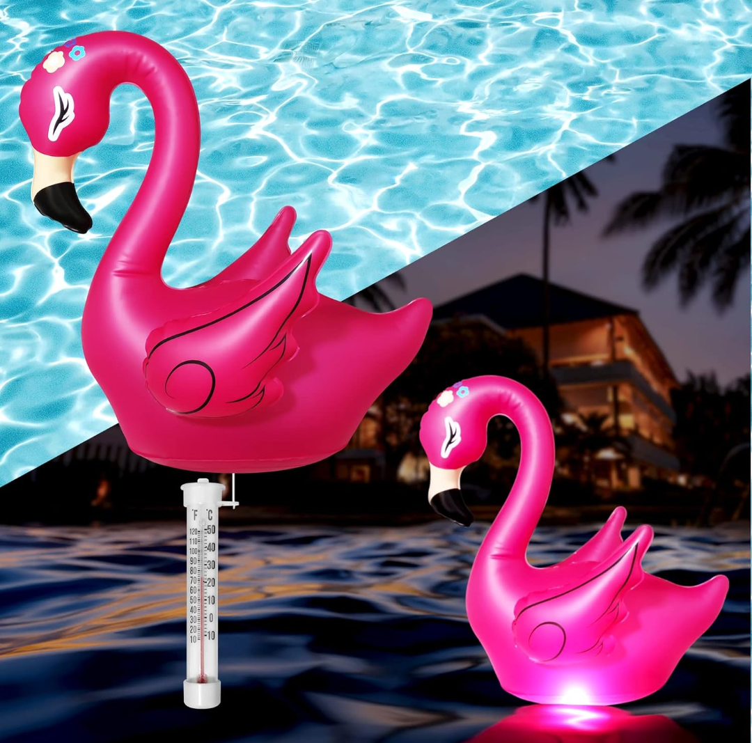 Floating Pool Thermometer with 19" Solar Pool Lights Pond Water Thermometer with RGB Led Lights Color Changing Swimming Pool Thermometer Water Temperature Thermometers for Hot Tub Flamingo