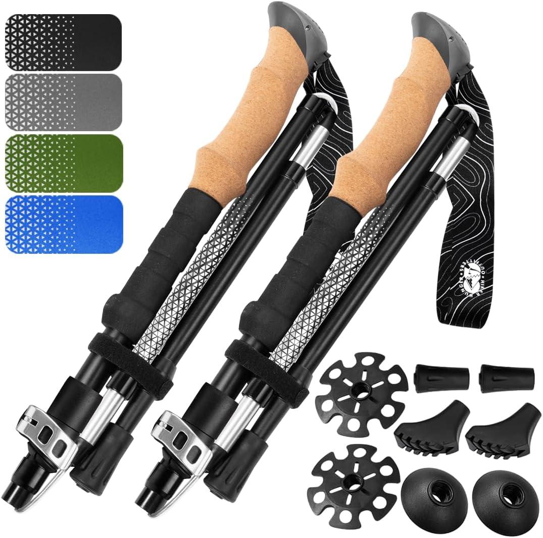 Premium Foldable Hiking Poles by USA Brand - Adjustable, Lightweight Trekking Poles Made of Aircraft Aluminum, Metal Locks Cork EVA Grips (100-120 cm for Height: 5'9" and smaller)