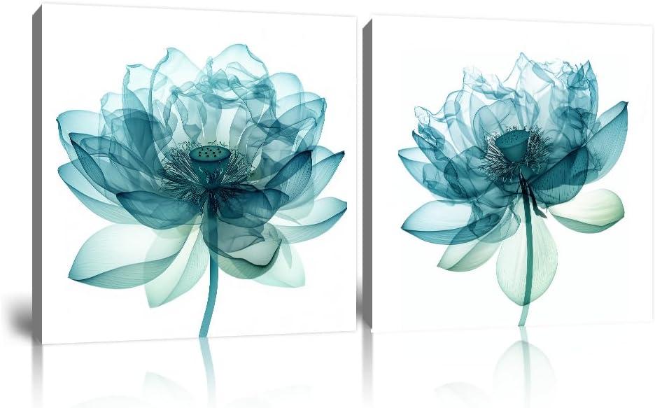 Pankila Lotus Wall Art Blue Floral Pictures Lotus Flower Canvas Wall Decor Blooming Botanical Poster Print for Girls Room Living Room Bathroom Home Decorations Framed Artwork (12''W x 12''H x 2) (Blue and black)