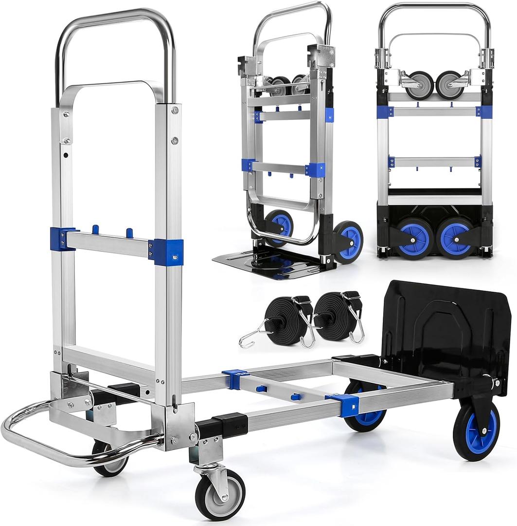 Upgraded 3 in 1 Aluminum Folding Hand Truck, 600 lbs Convertible Heavy Duty Dolly Cart, Collapsible Hand Trucks with 4 Rubber Wheels and Retractable Handle for Home, Warehouse, Supermarket (Blue)