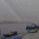 PHOENIX Winter Snowy River Boat Wall Art Decor Framed Canvas Realist Impressionist Calm Wintry Escape Serene Foggy Morning for Living Room Bedroom Office 18X24 Inch