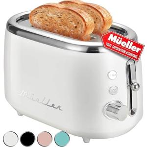 MÜELLERHOME Retro Toaster 2 Slice, 7 Browning Levels, 3 Functions (Reheat, Defrost, Cancel), Removable Crumb Tray, Under Base Cord Storage, White Toaster Kitchen Appliances