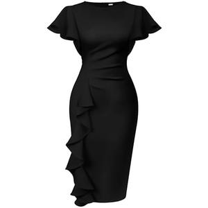 Memoriesea Women's Vintage Church Ruffle Sleeve Ruched Bodycon Work Midi Pencil Dress, L